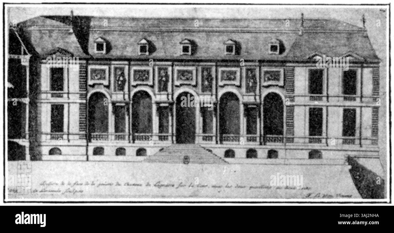 Dessin architectural de la façade de cour de l'aile galerie du Château de Lignières (cher), dessinée par Claude Olry de Loriande en 1654. Ce dessin présente la disposition de la galerie au sein du domaine. Banque D'Images