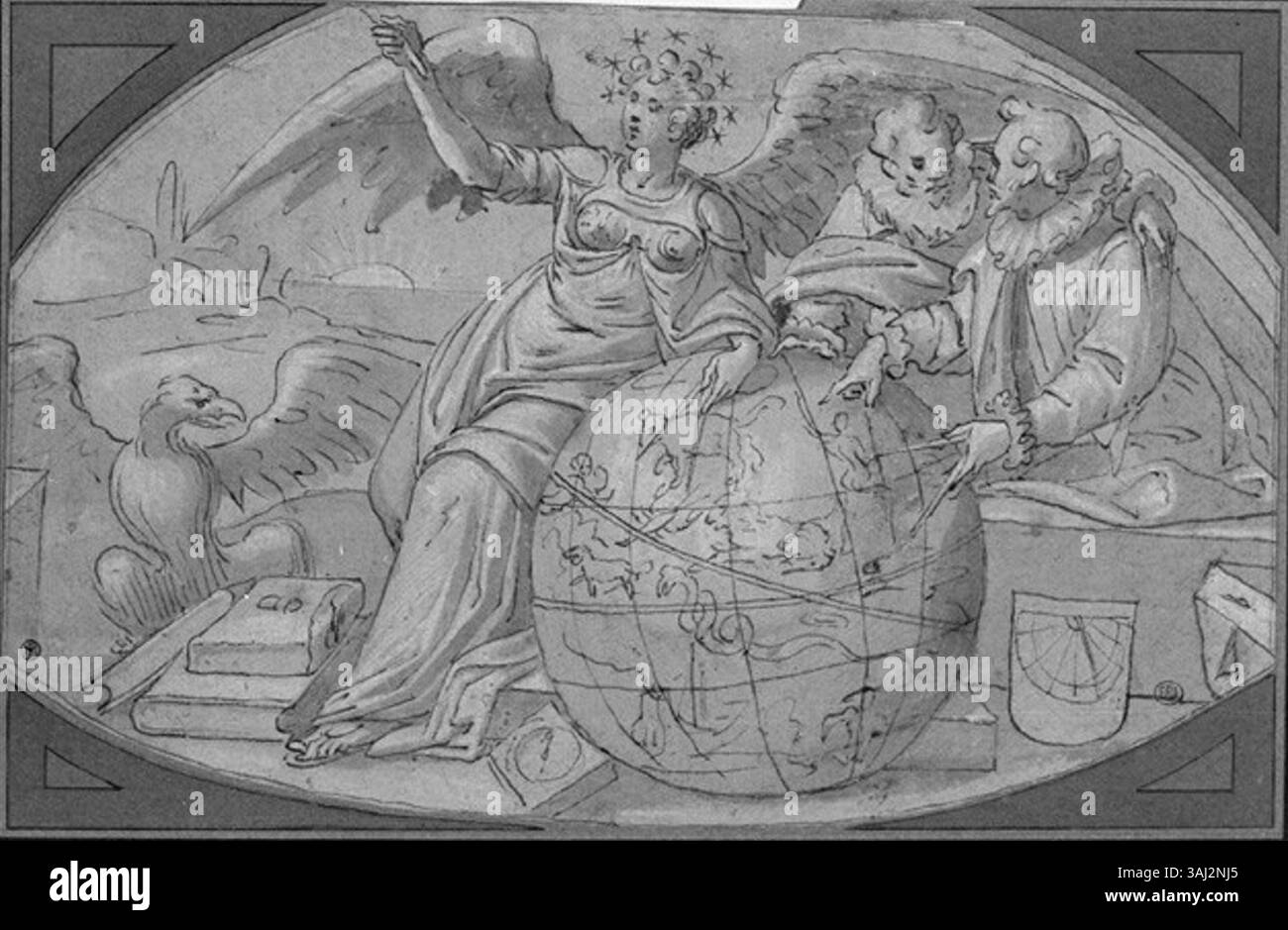 Jan Cornelisz. *Allegory of Astronomy* de Vermeyen est un dessin créé entre 1530 et 1559, aujourd'hui conservé aux Beaux-Arts de Paris. La pièce utilise un stylo et un bistre lavant bleuâtre avec des reflets de gouache blanche pour décrire des thèmes de l'astronomie et de la connaissance. Banque D'Images
