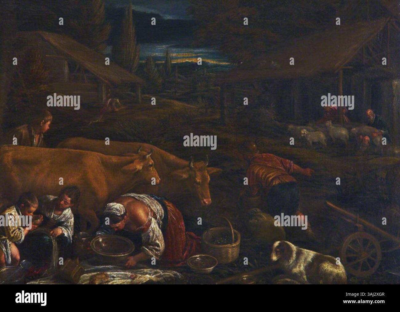 Attribué à Leandro Bassano, 'scène de la ferme avec la parabole du semeur' est une huile sur toile datant d'environ 1600. La pièce combine des thèmes religieux avec la vie pastorale, illustrant la parabole biblique dans un cadre de ferme. Banque D'Images