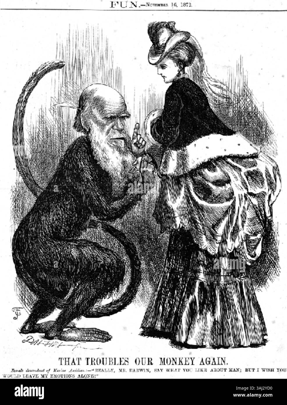 Un dessin animé satirique du magazine Fun, publié le 16 novembre 1872, présentant une interprétation humoristique des théories de Charles Darwin. Le dessin montre une descendante féminine d'une ascidienne marine commentant les émotions humaines, critiquant le travail de Darwin sur un ton ludique. Banque D'Images