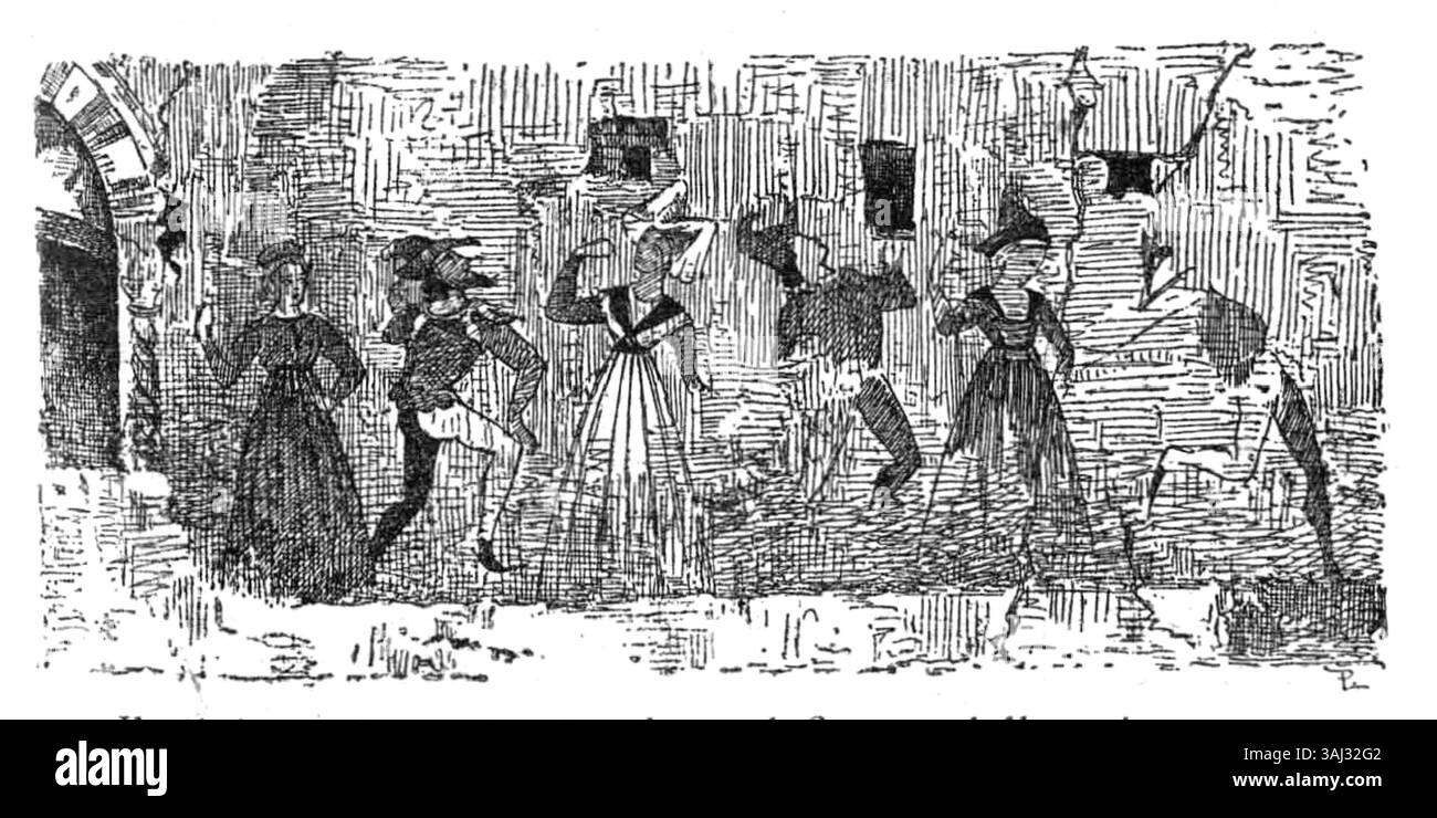 Une maquette pour un quartier médiéval de Turin, mettant en vedette une danse de bouffons, inspirée par une reproduction d'une peinture murale dans l'Osteria di Legnasco. Banque D'Images