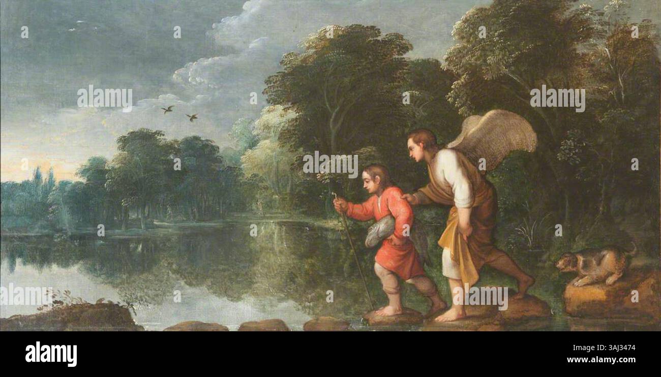 Cette peinture d'après Adam Elsheimer dépeint l'histoire biblique de Tobias et de l'Ange, capturant un moment spirituel et dramatique. Banque D'Images