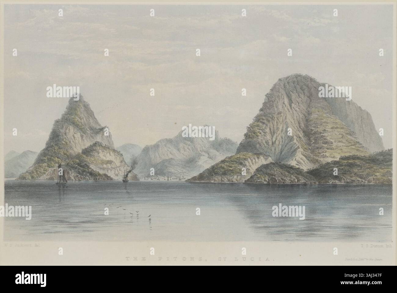 Cette lithographie de 1859 de Thomas Goldsworthy Dutton montre les Pitons de Lucia, deux bouchons volcaniques sur la côte sud-ouest de l'île. Connus pour leur apparence frappante, les Pitons s'élèvent à plus de 2 000 pieds, ce qui en fait le monument naturel le plus célèbre de Lucia. L'œuvre d'art capture le paysage volcanique et la beauté naturelle environnante. Banque D'Images Cette lithographie de 1859 de Thomas Goldsworthy Dutton montre les Pitons de Lucia, deux bouchons volcaniques sur la côte sud-ouest de l'île. Connus pour leur apparence frappante, les Pitons s'élèvent à plus de 2 000 pieds, ce qui en fait le monument naturel le plus célèbre de Lucia. L'œuvre d'art capture le paysage volcanique et la beauté naturelle environnante. Banque D'Images