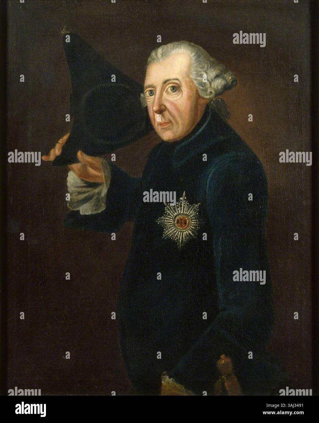 Portrait du roi Frédéric II de Prusse, également connu sous le nom de Frédéric le Grand, réalisé entre 1758 et 1786. L'huile sur toile est attribuée à Johann Heinrich Christian Franke et souligne la stature royale du roi. Banque D'Images