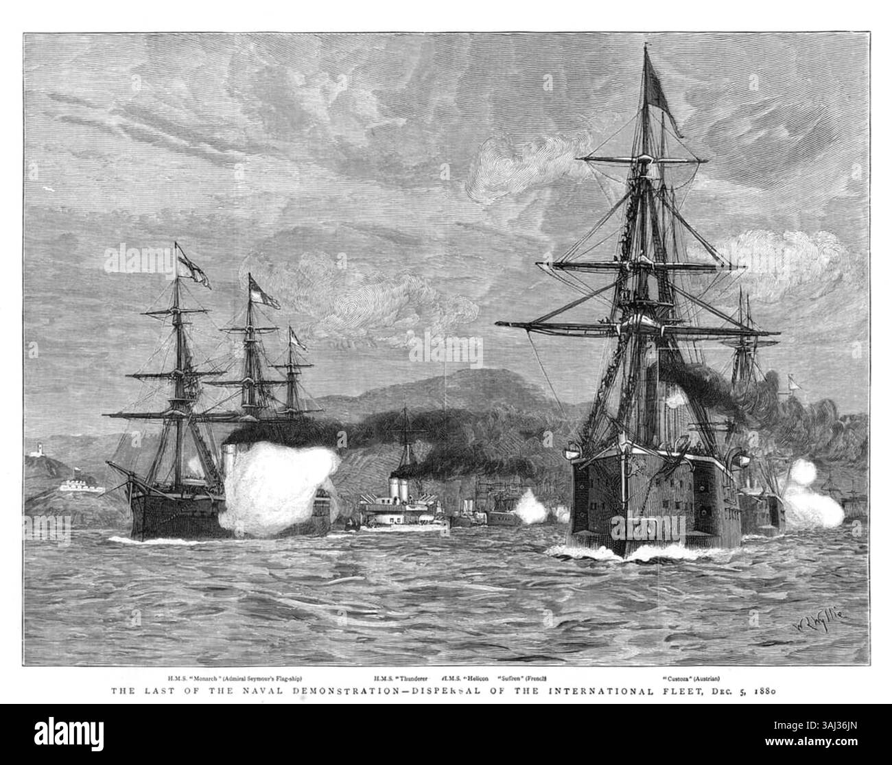 Cette illustration, présentée dans le graphique du 25 décembre 1880, représente la dispersion de la flotte internationale à Raguse, y compris des navires tels que le HMS Monarch et le French Suffren. La manifestation visait à exercer une pression diplomatique sur l'Empire ottoman. Banque D'Images
