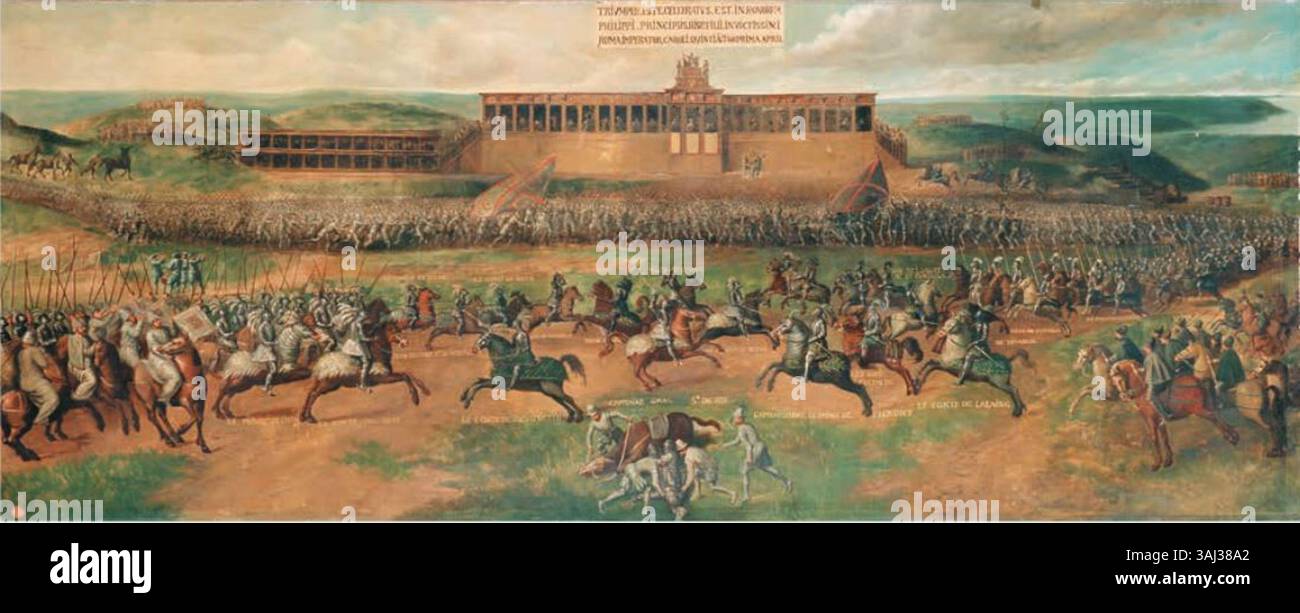Ce tableau anonyme du XVIe siècle représente le tournoi qui s'est tenu le 1er avril 1549 sur la Harenheide à Evere, près de Bruxelles. Il met en vedette des participants notables tels que Filips I van Lalaing, Karel II van Lalaing, et d'autres. L'huile sur toile, mesurant 101,5 x 250 cm, est logée dans la collection Château de Beloeil. Banque D'Images