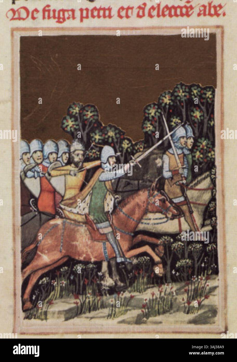 Le Chronicon Pictum (page 47) du XIVe siècle représente le roi hongrois Pierre fuyant Samuel Aba et ses soldats. La scène se déroule dans une zone rocheuse et boisée où Peter tient une couronne tout en étant poursuivi par des cavaliers. Banque D'Images