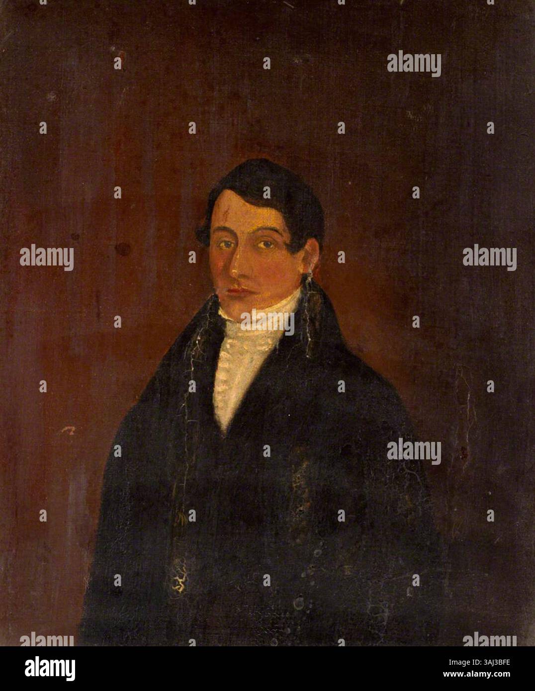 Portrait de style naïf d'un homme non identifié, vêtu d'une tenue noire, peint entre 1800 et 1899. L’huile sur toile présente une approche simple et modeste du portrait. Banque D'Images