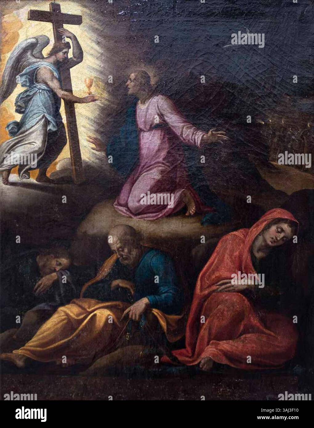 Cette peinture à l'huile des XVIIe et XVIIIe siècles de la Nouvelle école espagnole représente l'agonie biblique dans le jardin, un moment clé de la tradition chrétienne. L’œuvre illustre la lutte émotionnelle du Christ et la signification spirituelle de la scène. Banque D'Images