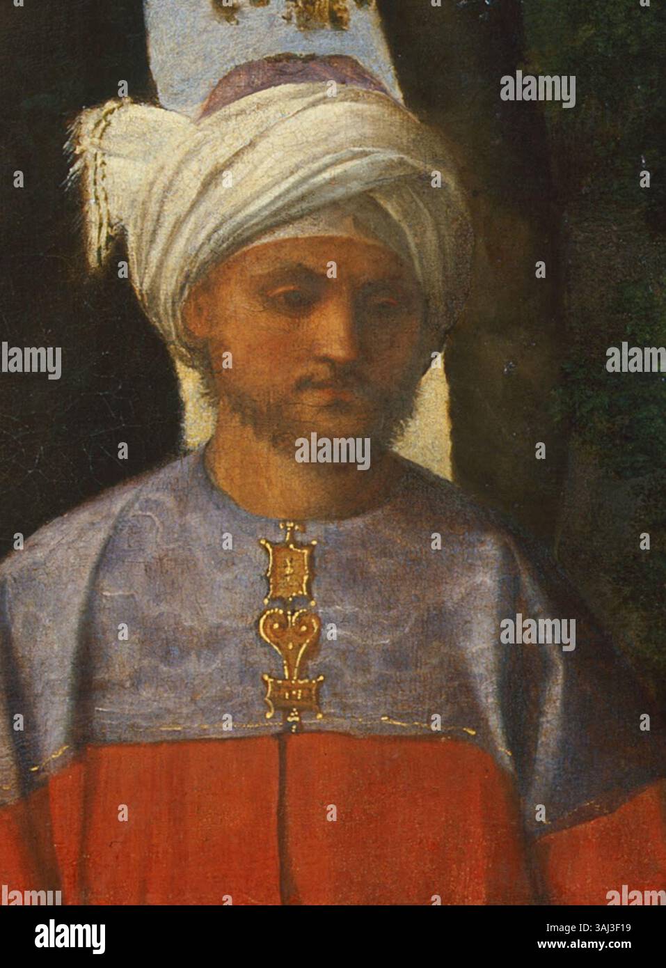 Un extrait des « trois philosophes » de Giorgione, créé vers 1508-1509, montrant un homme avec un turban. La peinture fait partie du Google Art Project. Banque D'Images