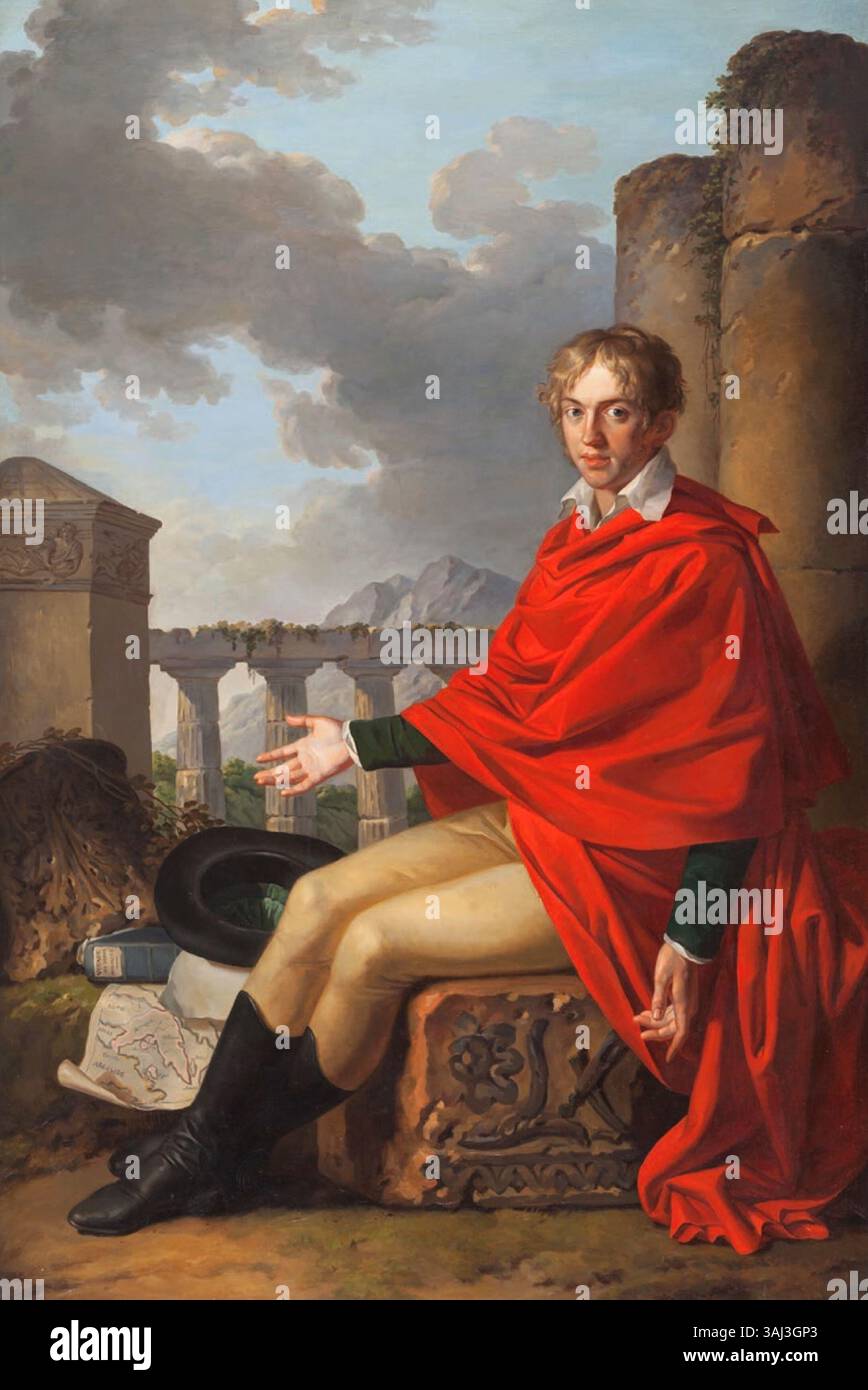 Portrait de Mikołaj Gorgoniusz Mielyski par Jean-Jacques François le Barbier en 1804, vêtu d'un manteau de voyageur et assis parmi les ruines grecques. La peinture est exposée au Musée national de Kielce. Banque D'Images
