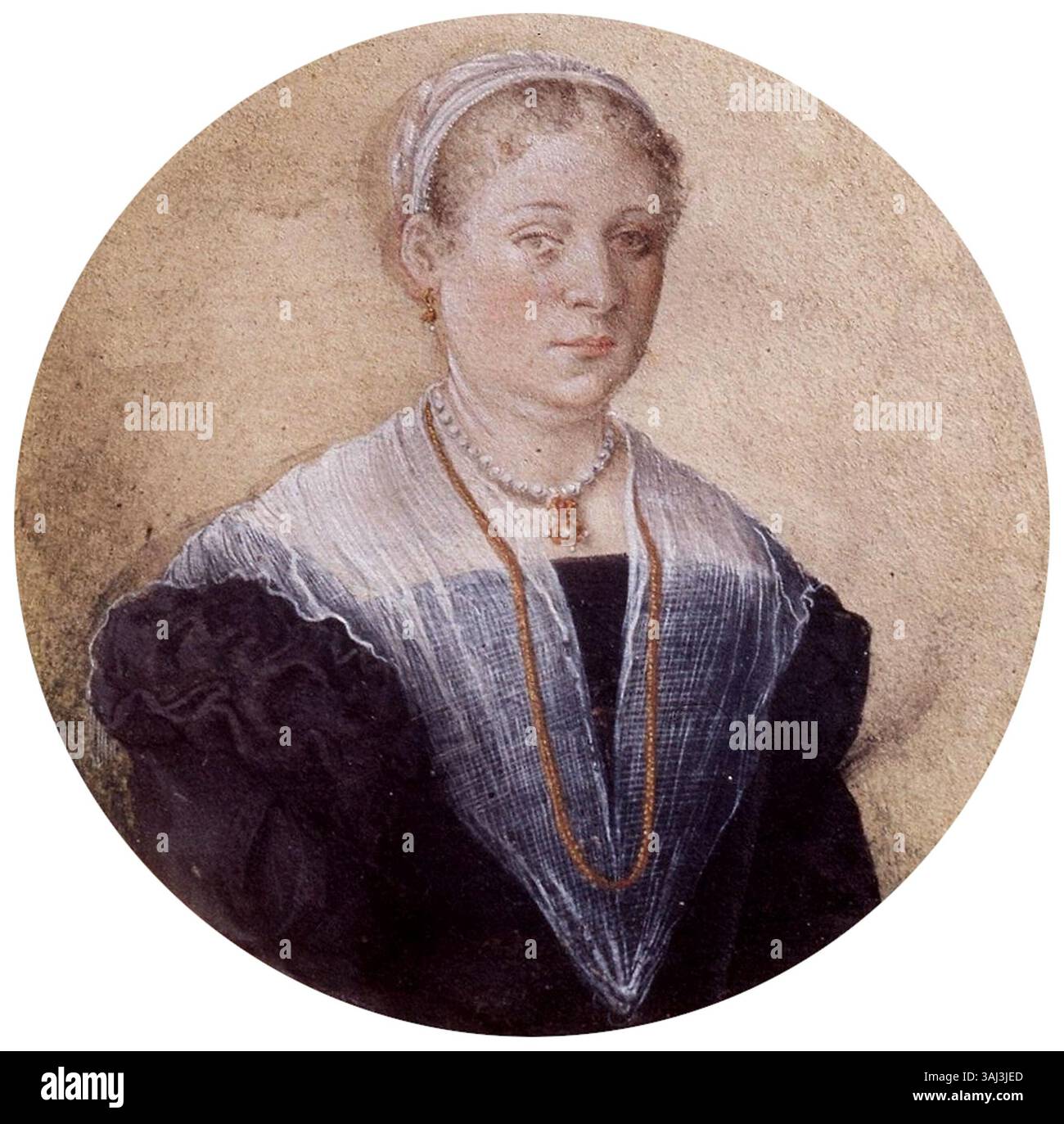 Cette peinture miniature datant des environs de 1546, peut-être de Jan van Calcar, représente une dame portant un collier de perles. L'aquarelle sur parchemin est conservée à la Galerie des Offices, présentant de délicats portraits du XVIe siècle. Banque D'Images