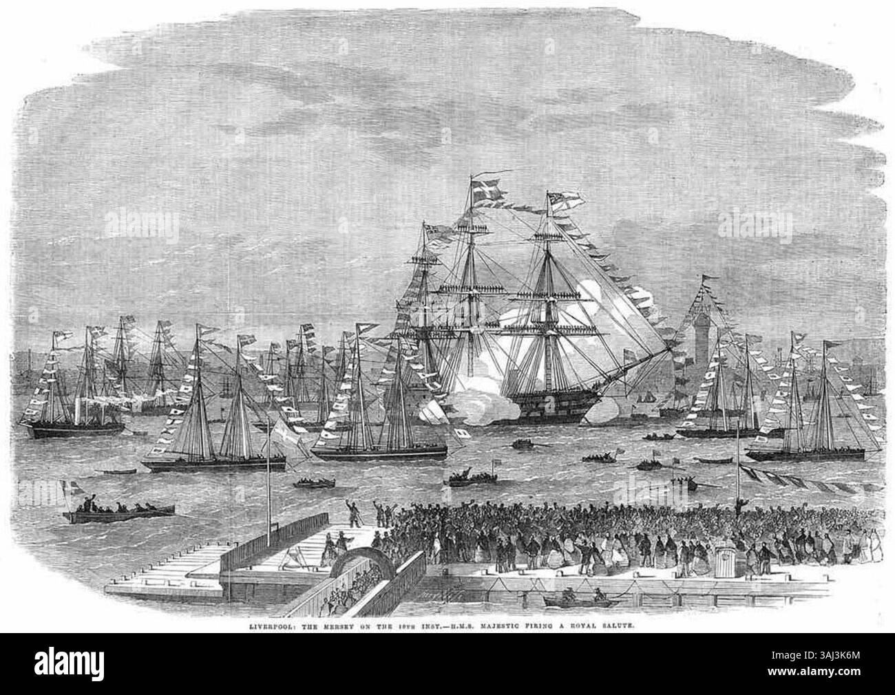 Illustration du HMS Majestic faisant un salut royal dans la rivière Mersey à Liverpool le 10 mars 1863, marquant le mariage du Prince Edward et d'Alexandra du Danemark. Publié dans Illustrated London News. Banque D'Images