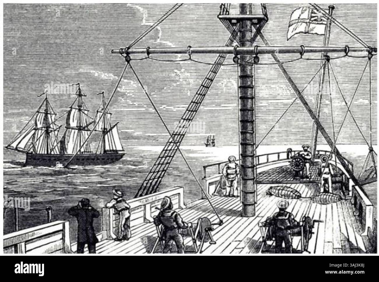 Cette illustration de 1891 montre l'équipage actionnant les freins d'une Harvey Torpedo, une innovation de la fin des années 1860 par John et Frederick Harvey. La torpille est conçue pour être remorquée jusqu'à sa cible à l'aide de bouées et de treuils, une méthode plus contrôlée et plus sûre que les modèles précédents. Banque D'Images