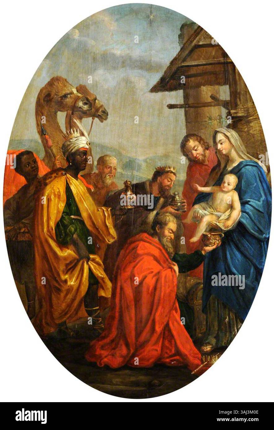 Ce tableau du XVIIIe siècle, basé sur la composition de Giovanni Francesco Romanelli, représente l'Adoration des trois Rois. L'huile sur panneau capture l'événement religieux, populaire dans l'art baroque, sur un pare-feu. Banque D'Images