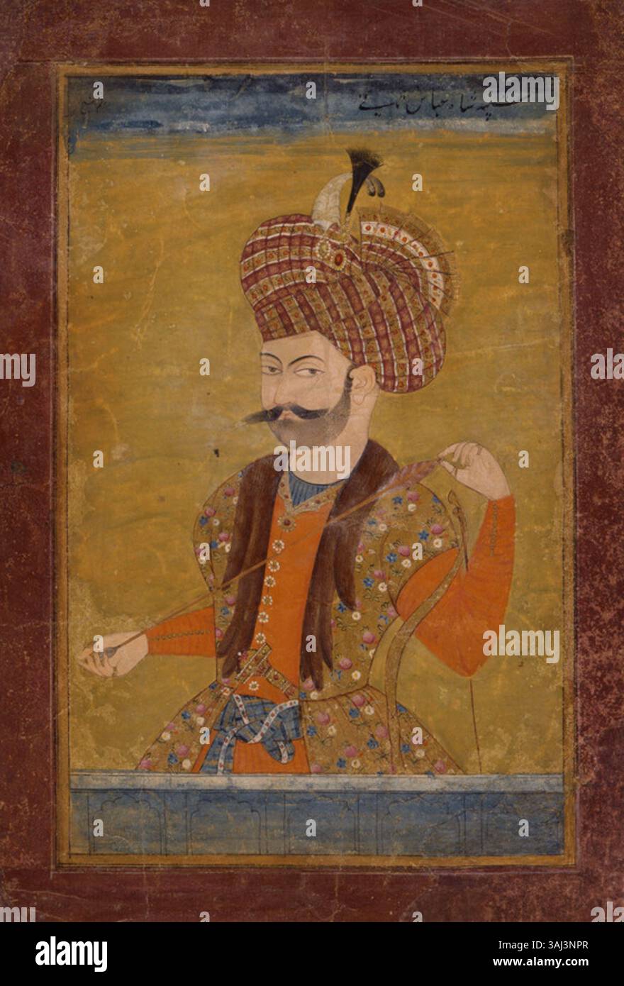 Dessin de Shah Abbas II, souverain safavide d'Iran, attribué à Mansur, vers 1700. L'œuvre présente une aquarelle opaque, de l'or et de l'encre sur papier, de la région de Golconda. Banque D'Images
