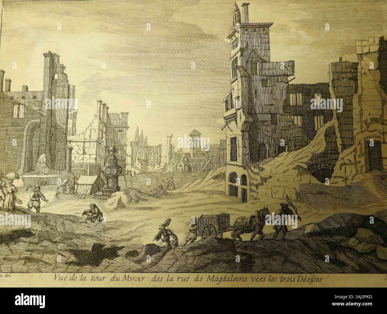 Gravure 'vue de la tour du miroir', d'après Augustin Coppens, vers 1695-1714. Cette gravure capture la vue de la rue de la Magdaleine vers les trois déesses, mettant en valeur un paysage architectural détaillé de Bruxelles. Banque D'Images