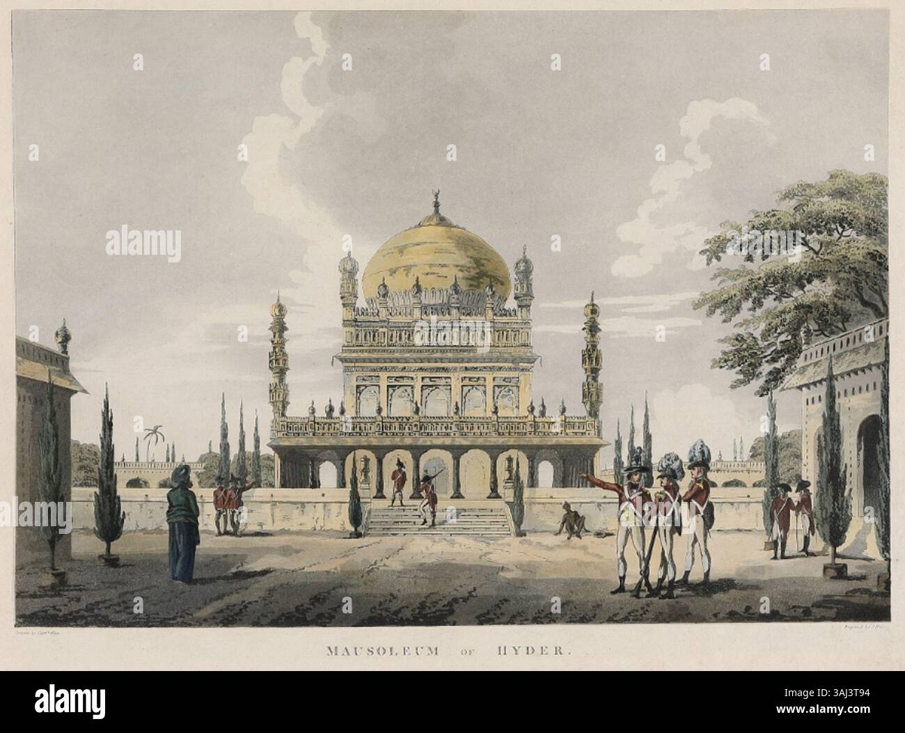 Cette gravure de 1794 de John Wells montre le mausolée de Hyder Ali, tiré de « vues dans le pays de Mysore » d'Alexander Allan. Banque D'Images