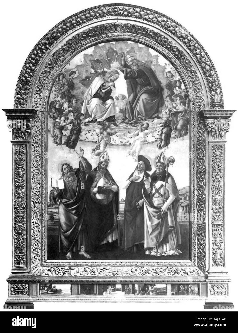 'Incoronazione della Vergine' (couronnement de la Vierge) de Sandro Botticelli, créée entre 1488 et 1490. Ce panneau de dévotion, logé dans la Galerie des Offices, représente la Vierge Marie et Jésus dans un moment sacré de couronnement divin. Banque D'Images 'Incoronazione della Vergine' (couronnement de la Vierge) de Sandro Botticelli, créée entre 1488 et 1490. Ce panneau de dévotion, logé dans la Galerie des Offices, représente la Vierge Marie et Jésus dans un moment sacré de couronnement divin. Banque D'Images