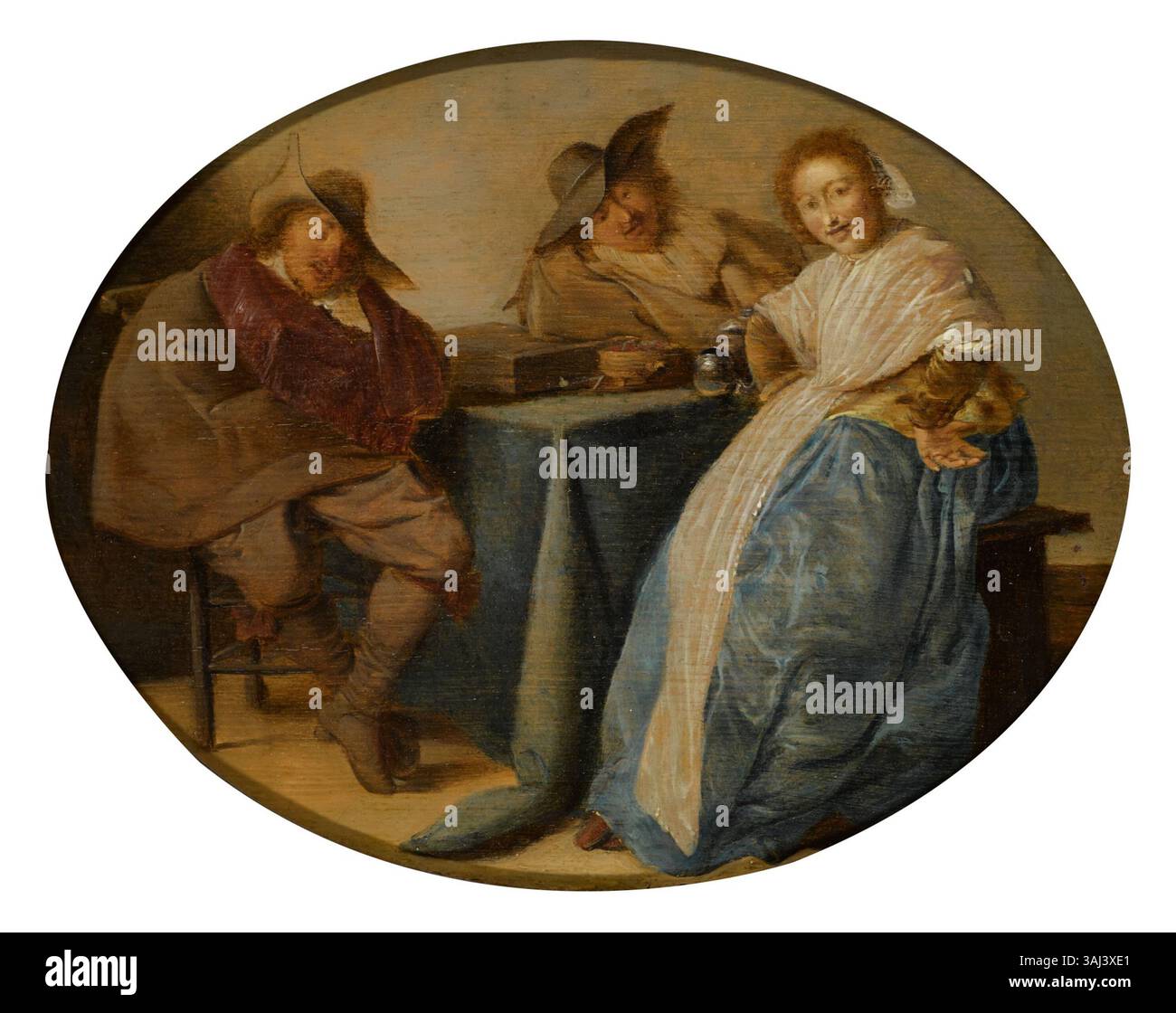 Cette peinture de genre, attribuée à l'atelier de Pieter Codde, montre deux cavaliers et une dame assis autour d'une table. La peinture à l'huile du XVIIe siècle capture un moment d'interaction dans un cadre domestique ou social. Banque D'Images