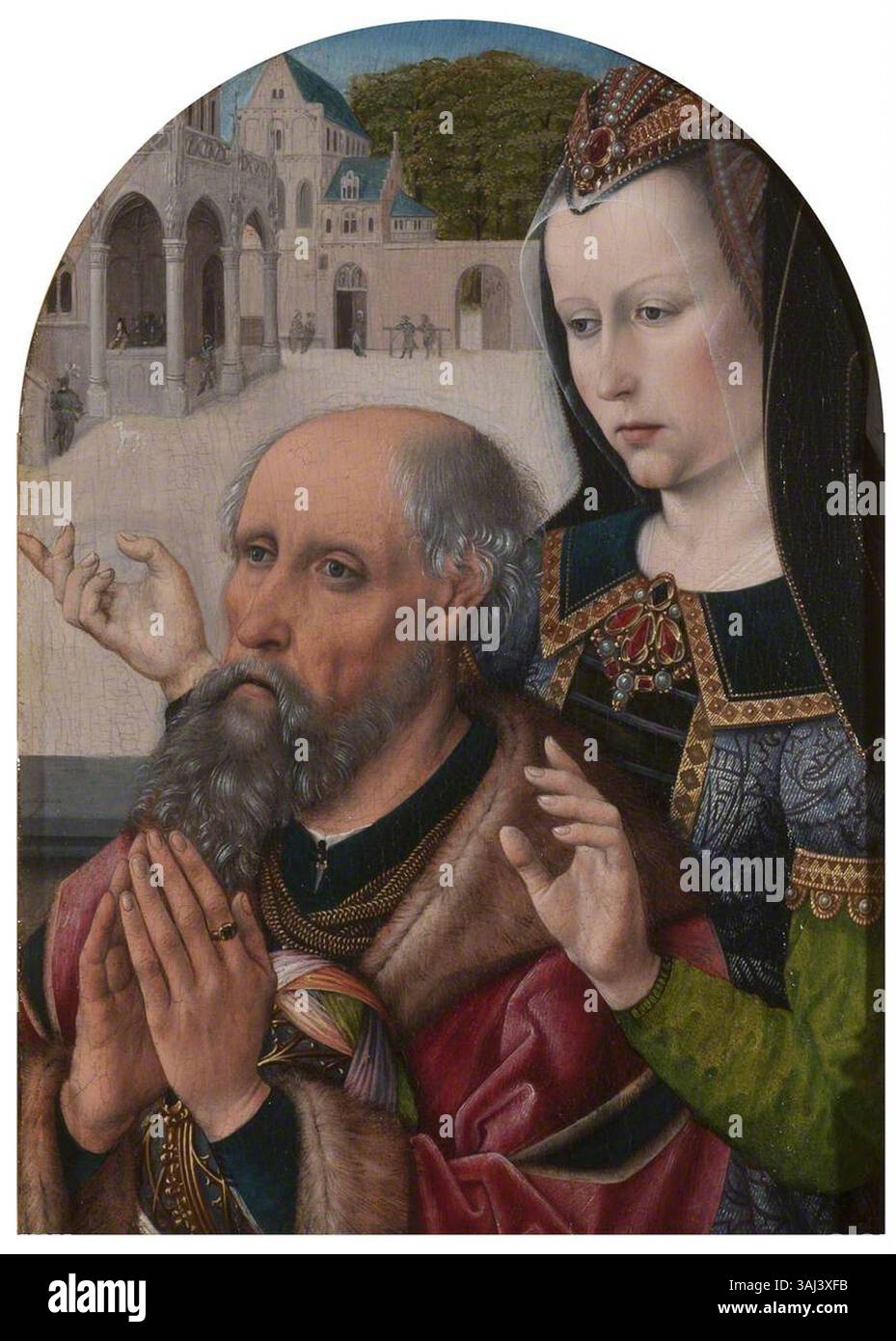 Cette peinture religieuse, réalisée entre 1470 et 1529, représente la vision de l'empereur Auguste. L'huile sur panneau de chêne illustre un moment de l'histoire, combinant des éléments historiques et religieux. Banque D'Images