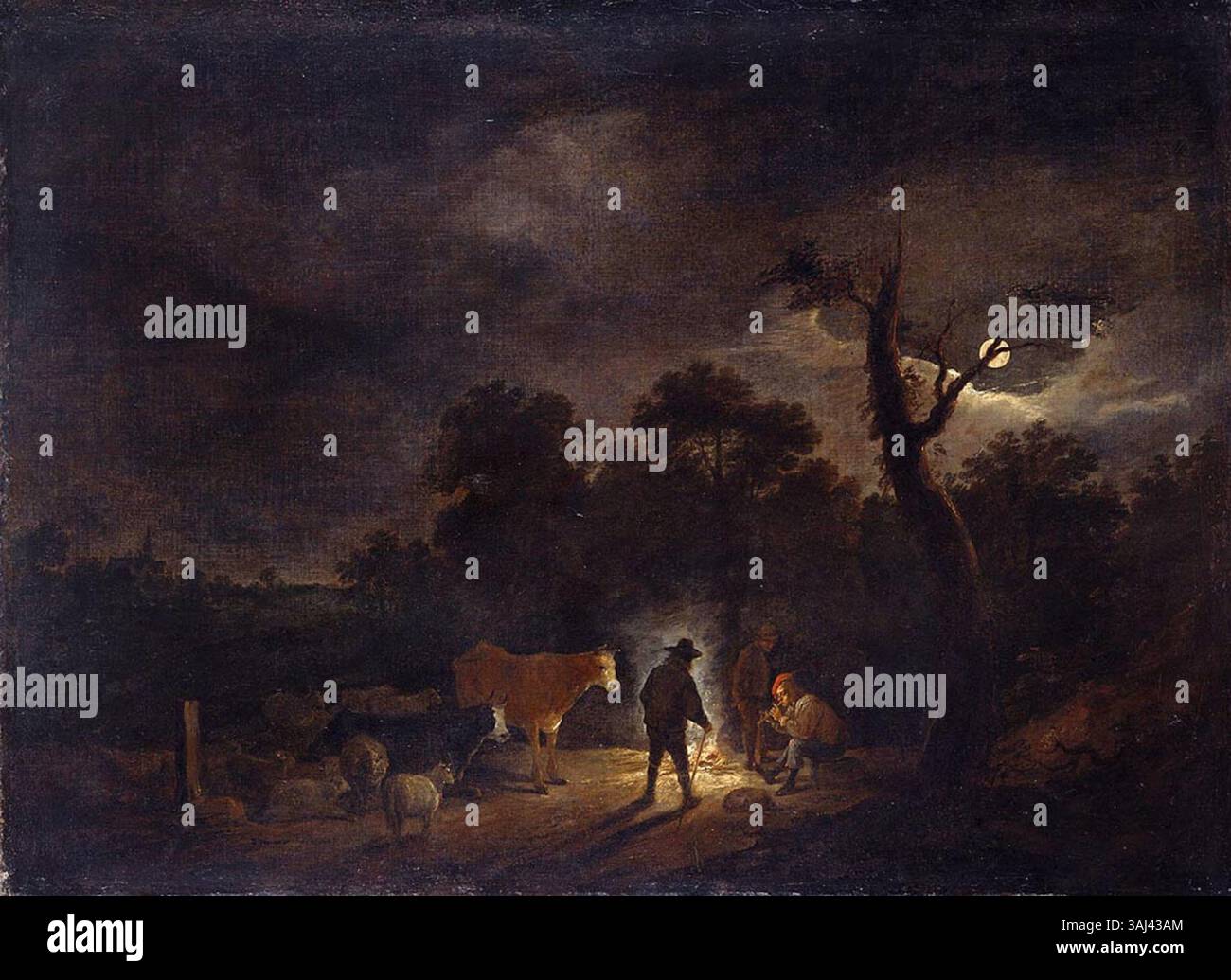 Dans le style de David Teniers le jeune, cette peinture montre des bergers avec leurs troupeaux de nuit, créés entre environ 1680 et environ 1720. Il fait partie de la collection royale. Banque D'Images
