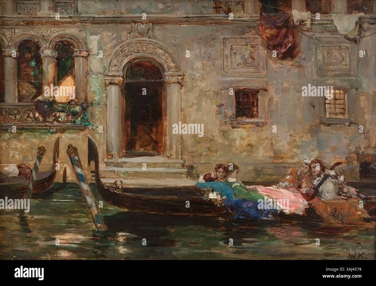 Cette peinture de Venise de Wilhelm Kotarbiski, créée avant 1921, met en valeur les canaux et l’architecture de la ville, capturant l’essence de la vie vénitienne de la fin du XIXe siècle au début du XXe siècle. Banque D'Images