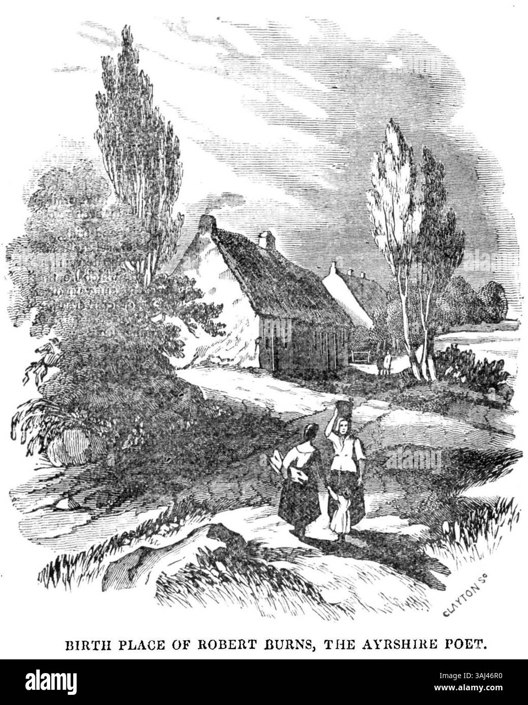 Le lieu de naissance de Robert Burns, célèbre poète écossais, est représenté dans cette illustration de 1834. L'image capture le cadre rural de l'Ayrshire, avec la modeste maison de Burns servant de symbole à ses débuts modestes et à son impact culturel significatif sur la littérature écossaise et mondiale. Banque D'Images