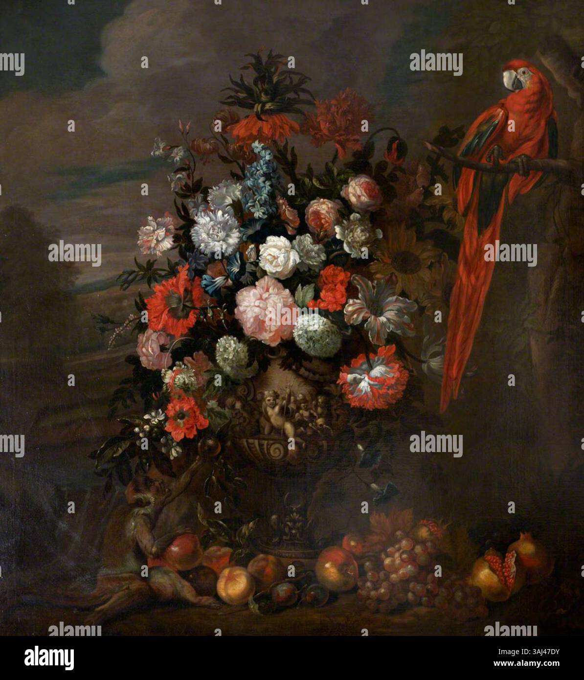 Dans cette nature morte, peinte entre 1600 et 1699 dans le style de Jean-Baptiste Monnoyer, un vase de fleurs est représenté avec un singe taquinant un perroquet. Il fait partie de la collection du National Trust. Banque D'Images