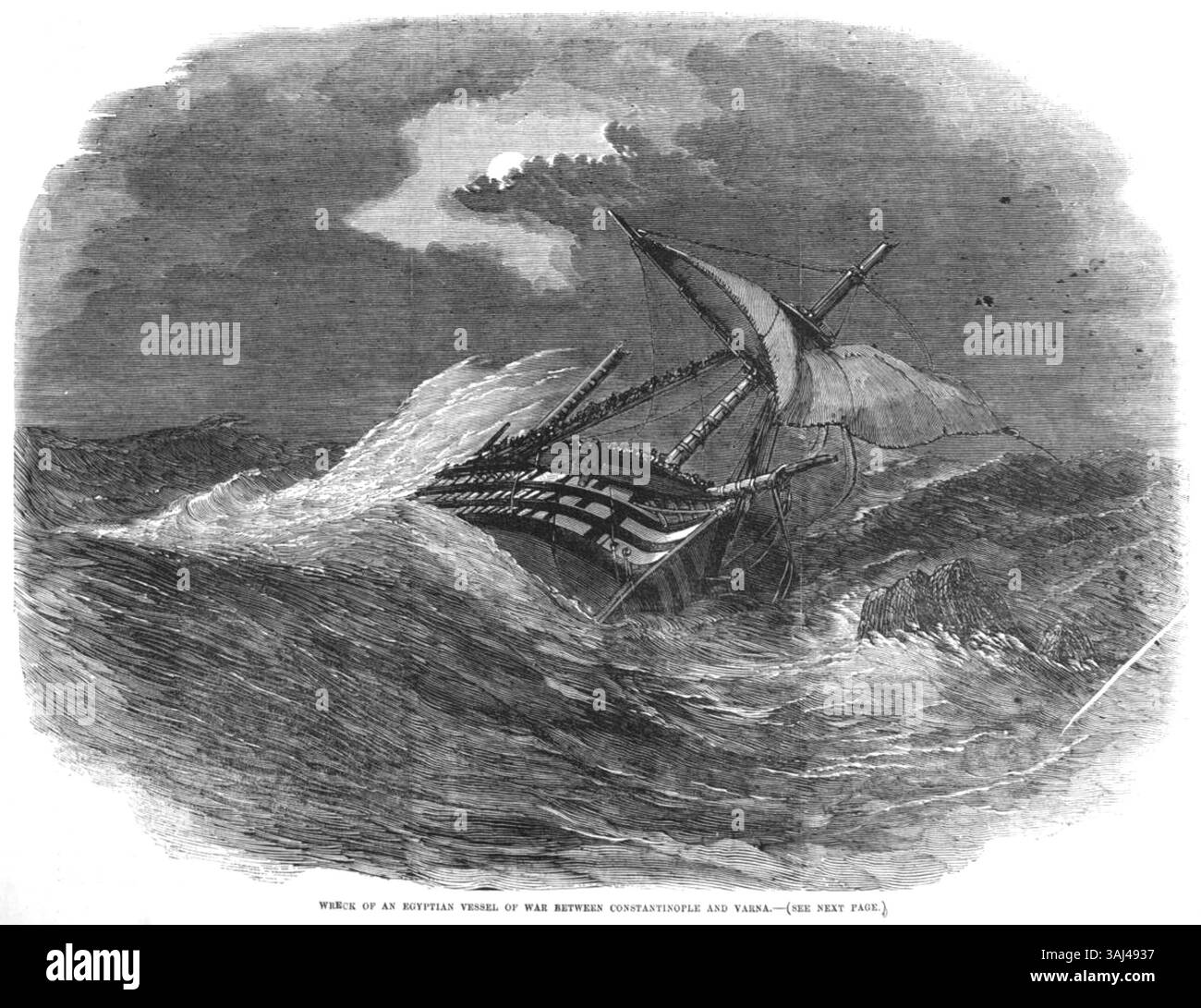 Épave d'un navire de guerre égyptien entre Constantinople et Varna, décrite dans l'Illustrated London News, 2 décembre 1854. La frégate égyptienne Bahiré a été détruite par une tempête le 30 octobre 1854, la plupart des membres de l'équipage ayant péri. Banque D'Images