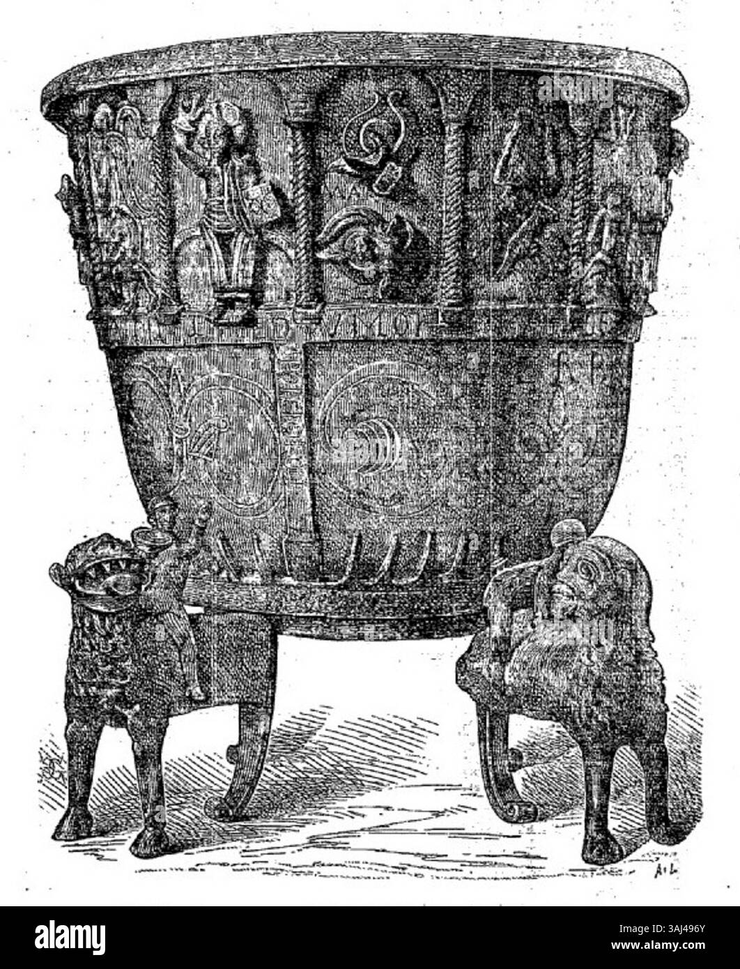 Fonts baptismaux de Saint-Germain de Tirlemont en Belgique, créés par Edouard Garnier en 1880. L'œuvre représente une police cérémonielle utilisée dans les baptêmes chrétiens. Il capture des détails de conception complexes, mettant en valeur l'importance artistique et religieuse de cet objet à la fin du XIXe siècle. Banque D'Images