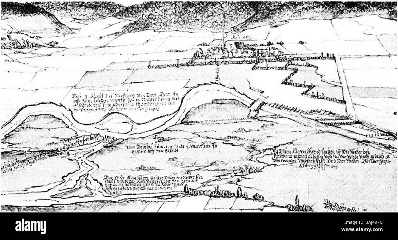 Cette aquarelle, créée en 1632, représente les dégâts causés par les inondations à Kilchberg, près de Tübingen. L'œuvre d'art est le plus ancien document connu dans le sud-ouest de l'Allemagne montrant les dommages causés par les inondations et les tentatives de rediriger le fleuve Neckar. Il capture l'événement environnemental important dans l'histoire de la région. Banque D'Images