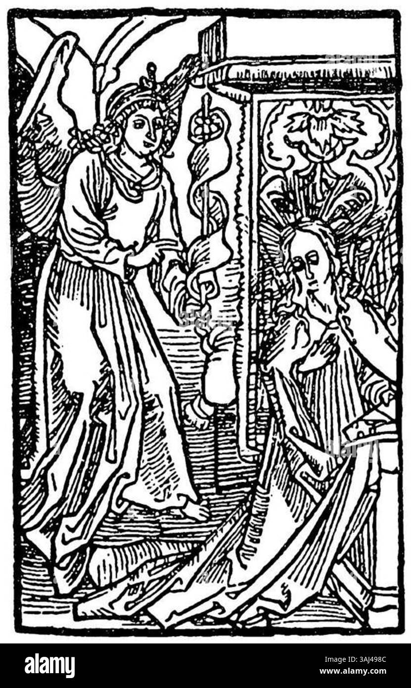 Attribué à Albrecht Dürer (1471-1528), vers 1500. Cette pièce représente l'Annonciation, un événement biblique important où l'Archange Gabriel annonce à la Vierge Marie qu'elle concevra le fils de Dieu. L'œuvre met en valeur le style caractéristique de Dürer, aux détails complexes et au symbolisme religieux. Banque D'Images