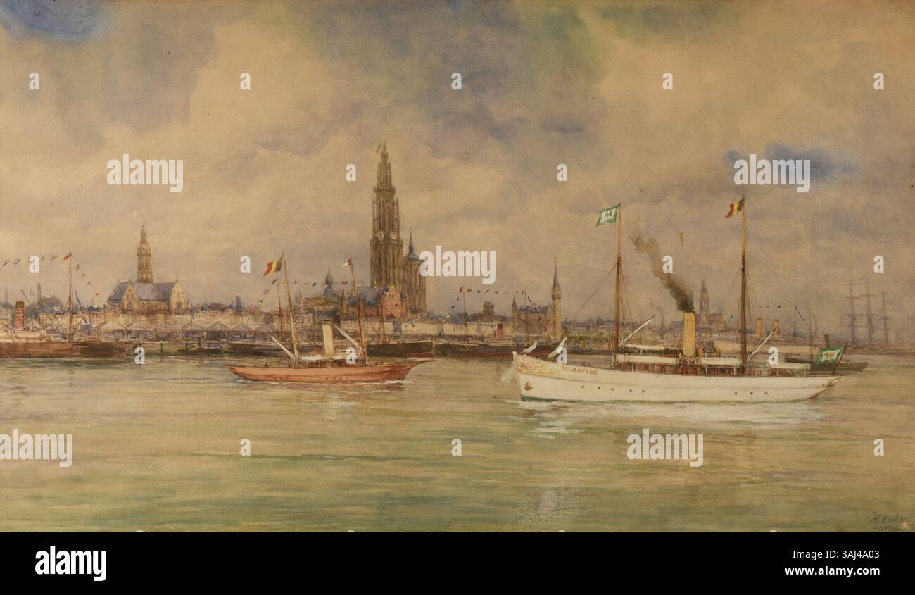 Cette aquarelle, créée par Henri Seghers en 1902, représente le voyage de Mozaffar al-DIN Shah Qajar à Anvers, en Belgique. L’image capture l’importance historique des voyages du Shah et de son engagement avec la culture européenne. Banque D'Images
