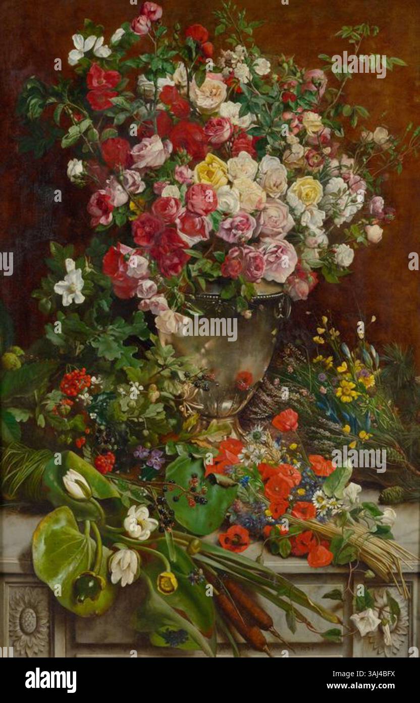 Le tableau de Charles Verlat de 1884, « hommage à la Reine des fleurs », est une huile sur panneau signée et datée par l'artiste. L'œuvre capture un thème floral avec des détails vibrants, soulignant la beauté de la nature. Banque D'Images