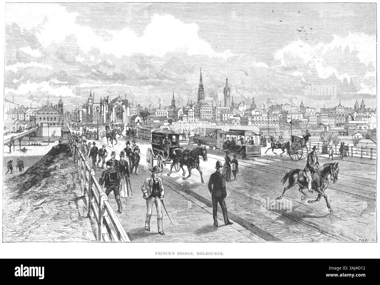 Une illustration de 1888 capture le Prince's Bridge à Melbourne, en Australie. Présenté dans Illustrated London News, il présente le pont comme un élément clé de l'infrastructure de la ville, représentant la croissance de Melbourne à la fin du XIXe siècle. Banque D'Images