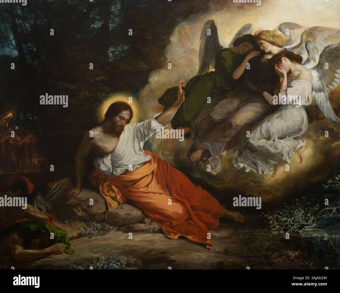 'L'agonie dans le jardin' d'Eugène Delacroix, peint en 1827, représente le Christ dans le jardin de Gethsémani, souffrant dans la prière avant sa crucifixion. Cette huile sur toile est une représentation dramatique de la lutte émotionnelle du Christ. Banque D'Images