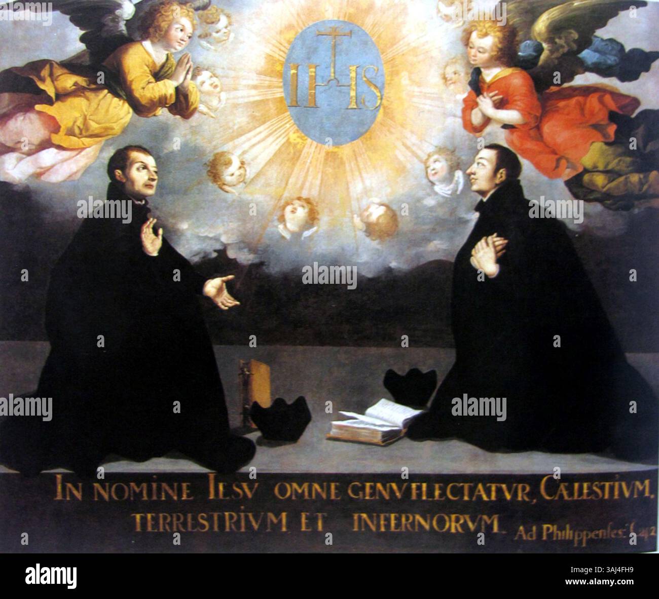 Cette peinture, 'Adoration du Saint nom de Jésus', a été créée par José Juárez entre 1635 et 1670. C'est une pièce importante de l'art baroque représentant la vénération pour le nom de Jésus. Banque D'Images