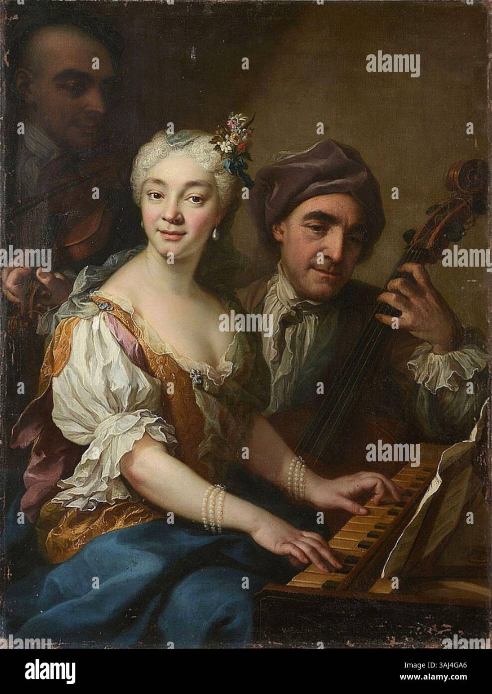 « A concert Group » de Martin van Mytens (XVIIIe siècle) représente une famille de musiciens, avec Anne Antonia Christina Somis jouant du clavecin et les membres de sa famille jouant d'autres instruments. Cette peinture à l’huile met en valeur le patrimoine musical de la famille et le style artistique raffiné de l’époque. Banque D'Images