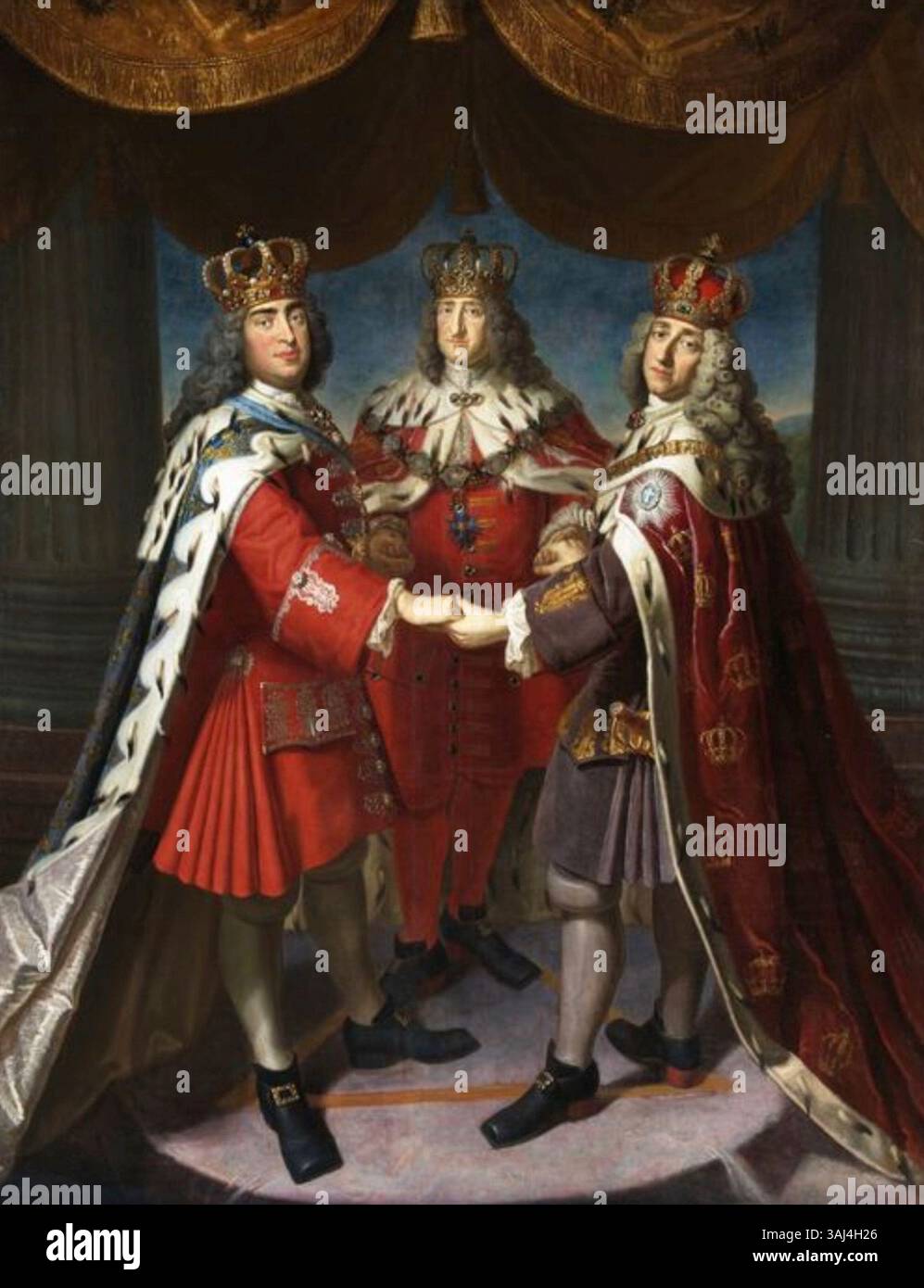 Une huile sur toile peinte par Samuel Theodor Gericke, représentant l'Alliance des rois Frédéric Ier de Prusse, Auguste II le fort et Frédéric IV de Danemark. Le tableau, créé en 1709, symbolise l’unité politique entre ces dirigeants européens. Banque D'Images