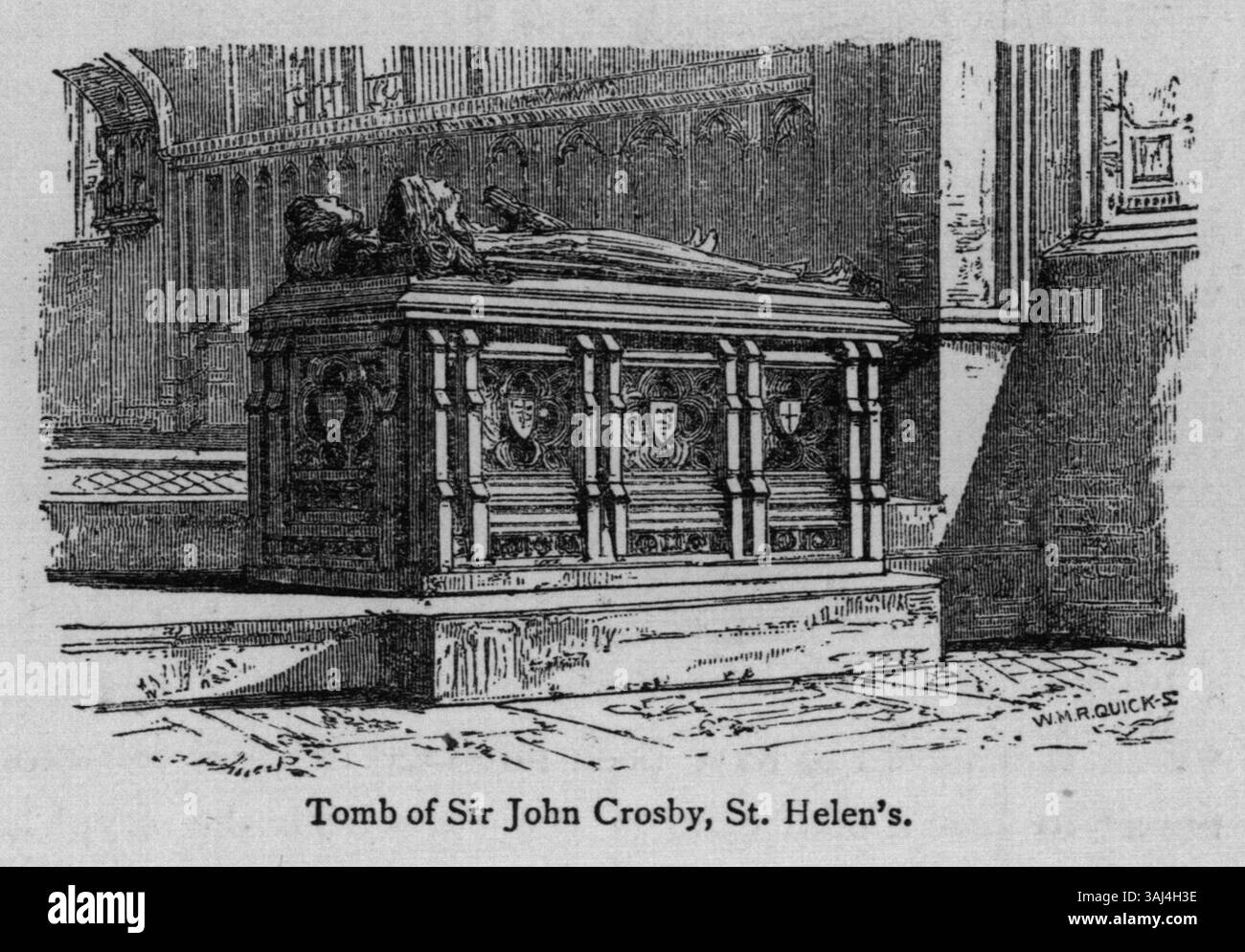Illustration tirée de Walks in London d'Augustus Hare (1878), représentant le tombeau de Sir John Crosby à l'église d'Helen. L'image souligne l'importance historique et architecturale de ce tombeau du XVe siècle à Londres. Banque D'Images