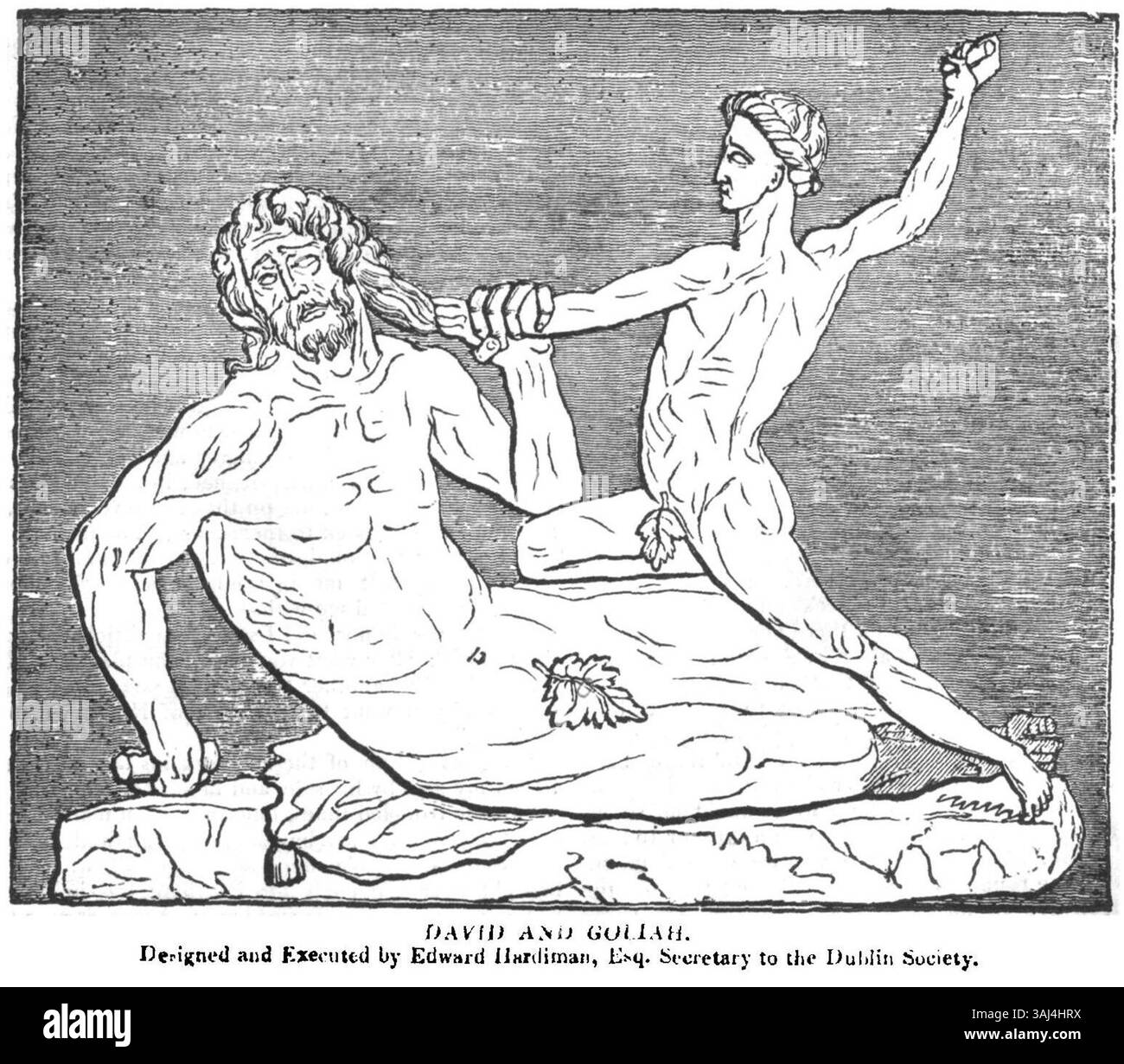 Cette sculpture de 1835 de David et Goliath capture le moment de la victoire biblique de David sur Goliath, symbolisant les thèmes de l'héroïsme, de la foi et de la force. La pièce a été publiée dans le Dublin Penny Journal. Banque D'Images