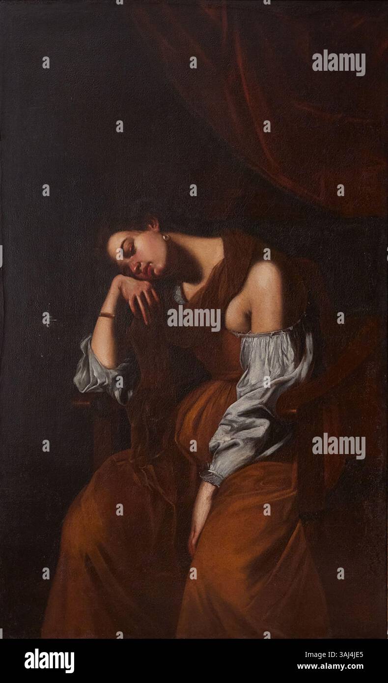 Marie-Madeleine comme mélancolie (1622-1625) d'Artemisia Gentileschi représente la figure de Marie-Madeleine dans une pose contemplative et mélancolique. La peinture, réalisée à l’huile sur toile, transmet une profonde émotion et une profondeur psychologique à travers l’utilisation de l’éclairage et de la couleur. Banque D'Images