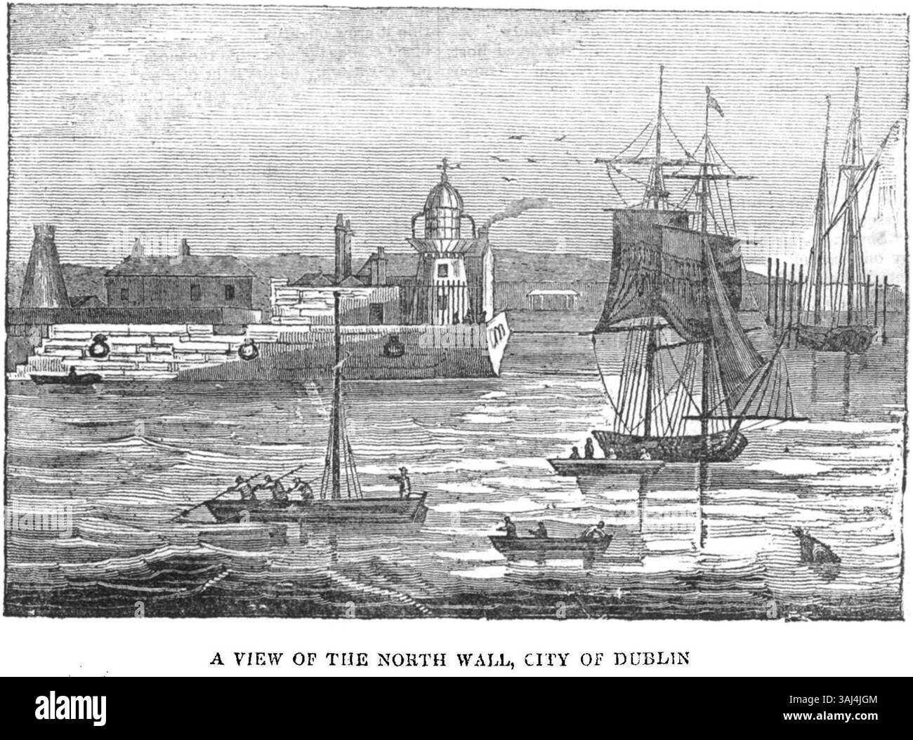 Cette image de 1834 du mur nord de Dublin, présentée dans le *Dublin Penny Journal*, représente le quartier animé du port de la ville. L'illustration capture le port animé, les activités industrielles et l'architecture urbaine de Dublin au début du XIXe siècle. Banque D'Images