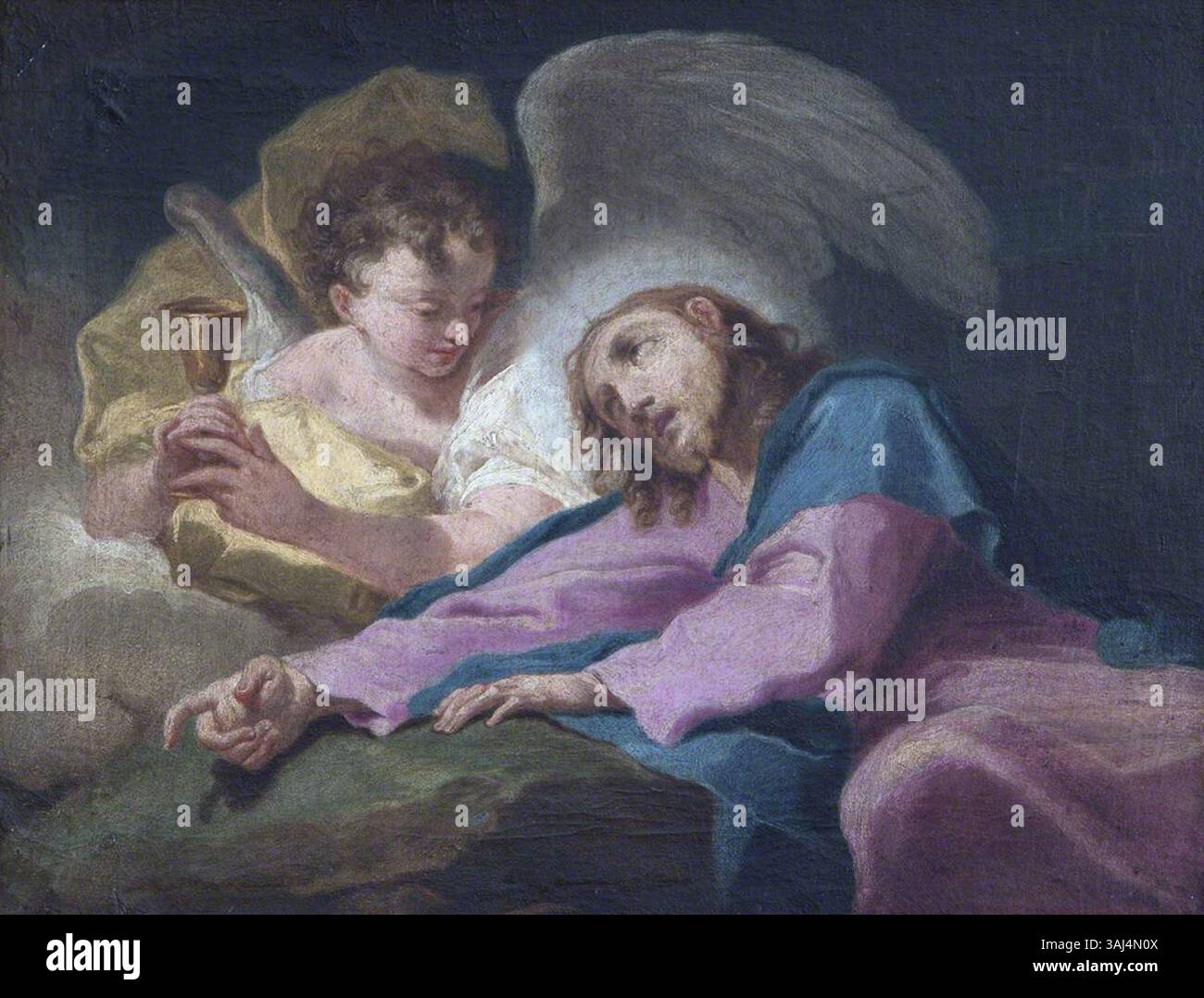 Cette peinture religieuse du XVIIIe siècle représente le moment de l'agonie du Christ dans le jardin de Gethsémani. La scène capte l’intensité émotionnelle de la prière du Christ et le début de sa souffrance, rendus à l’huile sur toile. Banque D'Images