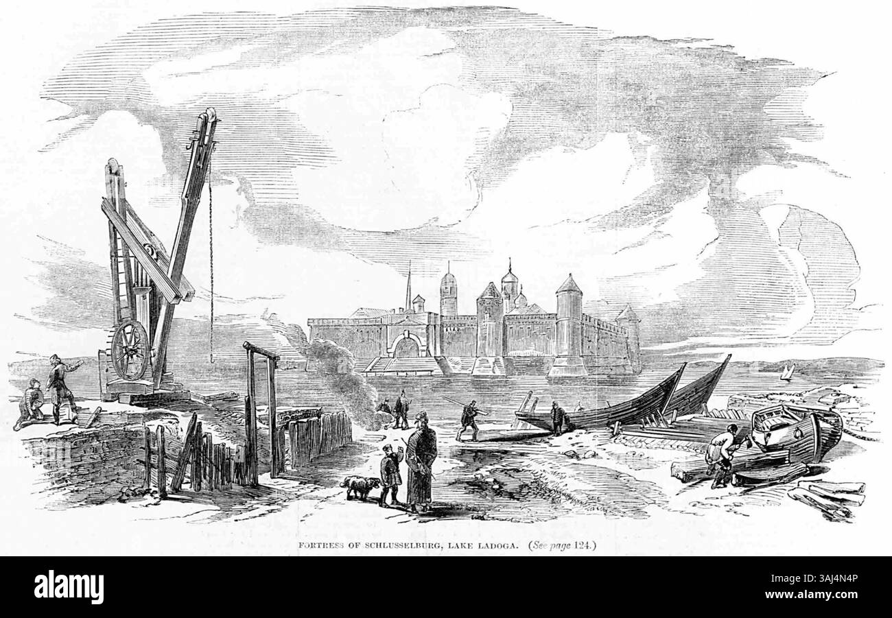 Une illustration de Pen and Pencil, datée du 31 mars 1855, représentant la forteresse de Schlusselburg située sur le lac Ladoga. Cette image du XIXe siècle offre un aperçu de l'architecture militaire russe pendant la guerre de Crimée. Banque D'Images Une illustration de Pen and Pencil, datée du 31 mars 1855, représentant la forteresse de Schlusselburg située sur le lac Ladoga. Cette image du XIXe siècle offre un aperçu de l'architecture militaire russe pendant la guerre de Crimée. Banque D'Images