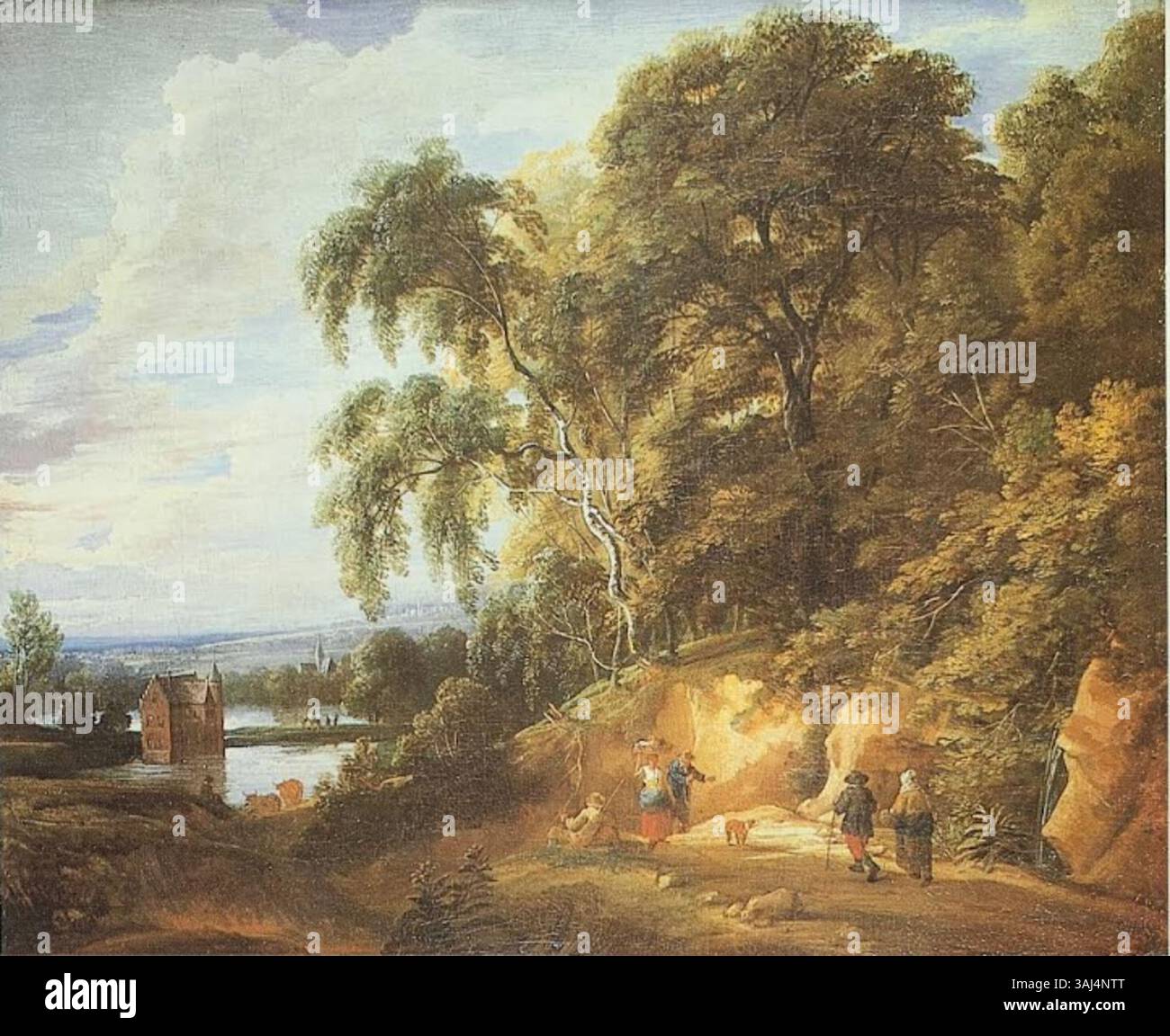 La peinture paysagère de Jacques d'Artois du XVIIe siècle représente la forêt de Soignies et les étangs du monastère Rood Klooster, illustrant un environnement serein et naturel avec des détails complexes. Banque D'Images