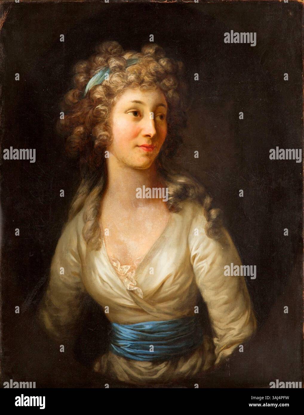 Cette huile sur toile du XIXe siècle est une copie du portrait d'Anna Charlotta Dorothea von Medem, duchesse de Courlande, réalisé en 1791 par Anton Graff. Le portrait original la représente en tenue aristocratique et a été conservé dans le palais de Courlande. La copie a été créée au XIXe siècle, conservant le style élégant de l'œuvre de Graff. Banque D'Images