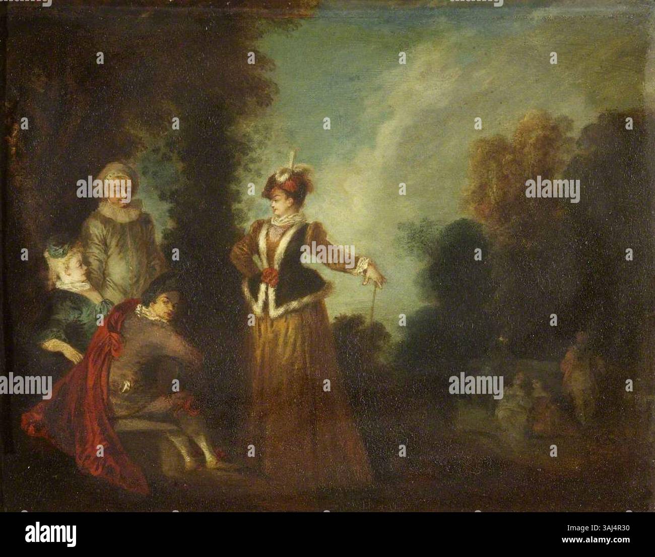 Ce tableau, d'après Jean-Antoine Watteau, est intitulé 'L'aventurière', également connu sous le nom de 'Fête champêtre'. Il a été peint entre 1700 et 1729, et est une huile sur panneau logée dans le National Trust. Banque D'Images