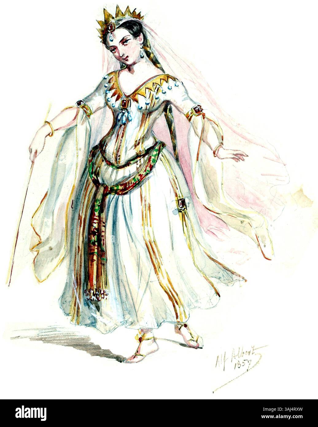 Ce costume retouché réalisé en 1856-1858 par Alfred Albert représente les fées et les chœurs féminins de la Magicienne de Halévy, montrant les costumes fantastiques et complexes de ces personnages dans l'opéra. Banque D'Images